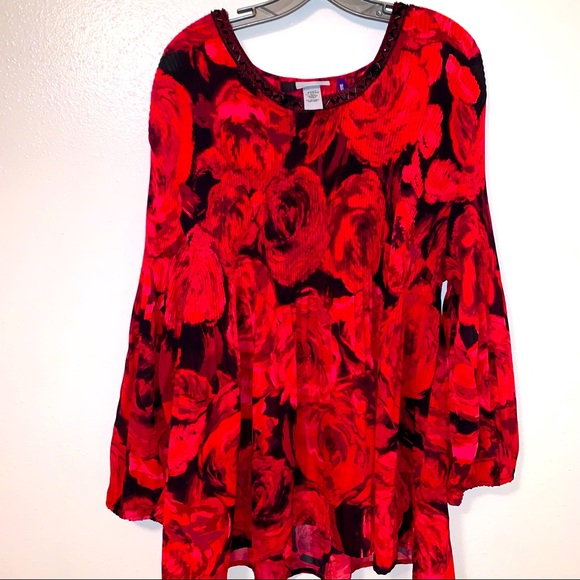 Catherines Petite 3X 26/28 Embroidered Cold Shoulder Floral Print Blouse - Picture 1 of 11